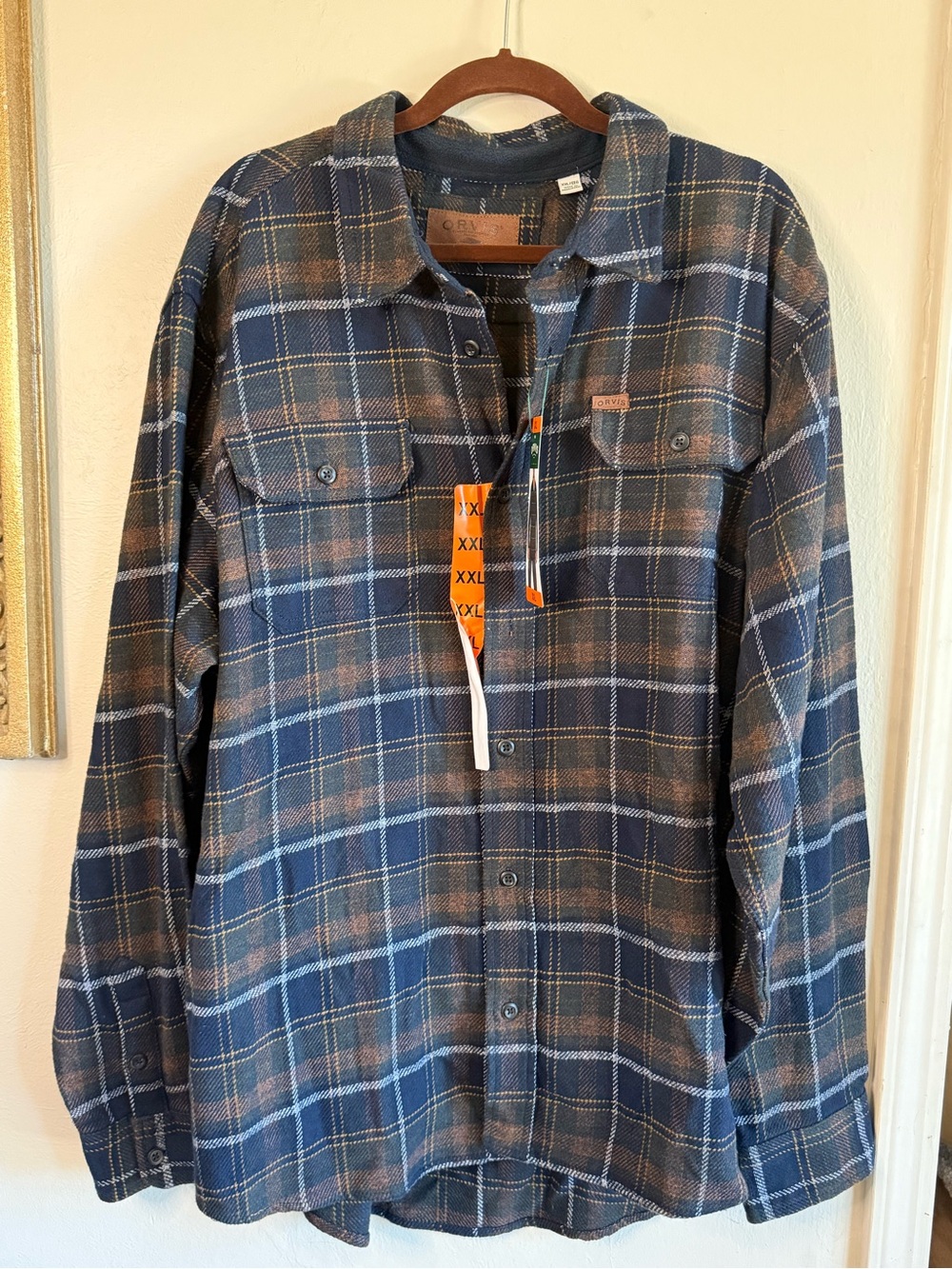 Orvis Plaid Button-Up Jacket Shirt in Navy and Brown XXL